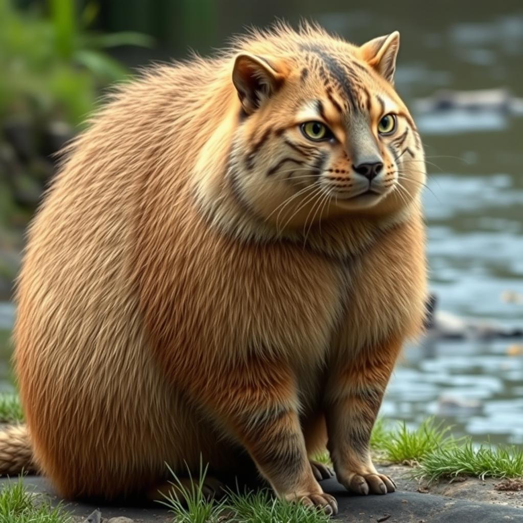A realistic fusion of a cat and a capybara, showcasing a creature that has the robust body shape of a capybara with the sleek, agile features of a domestic cat