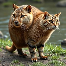 A realistic fusion of a cat and a capybara, showcasing a creature that has the robust body shape of a capybara with the sleek, agile features of a domestic cat