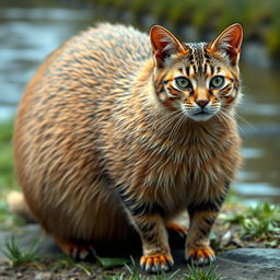 A realistic fusion of a cat and a capybara, showcasing a creature that has the robust body shape of a capybara with the sleek, agile features of a domestic cat