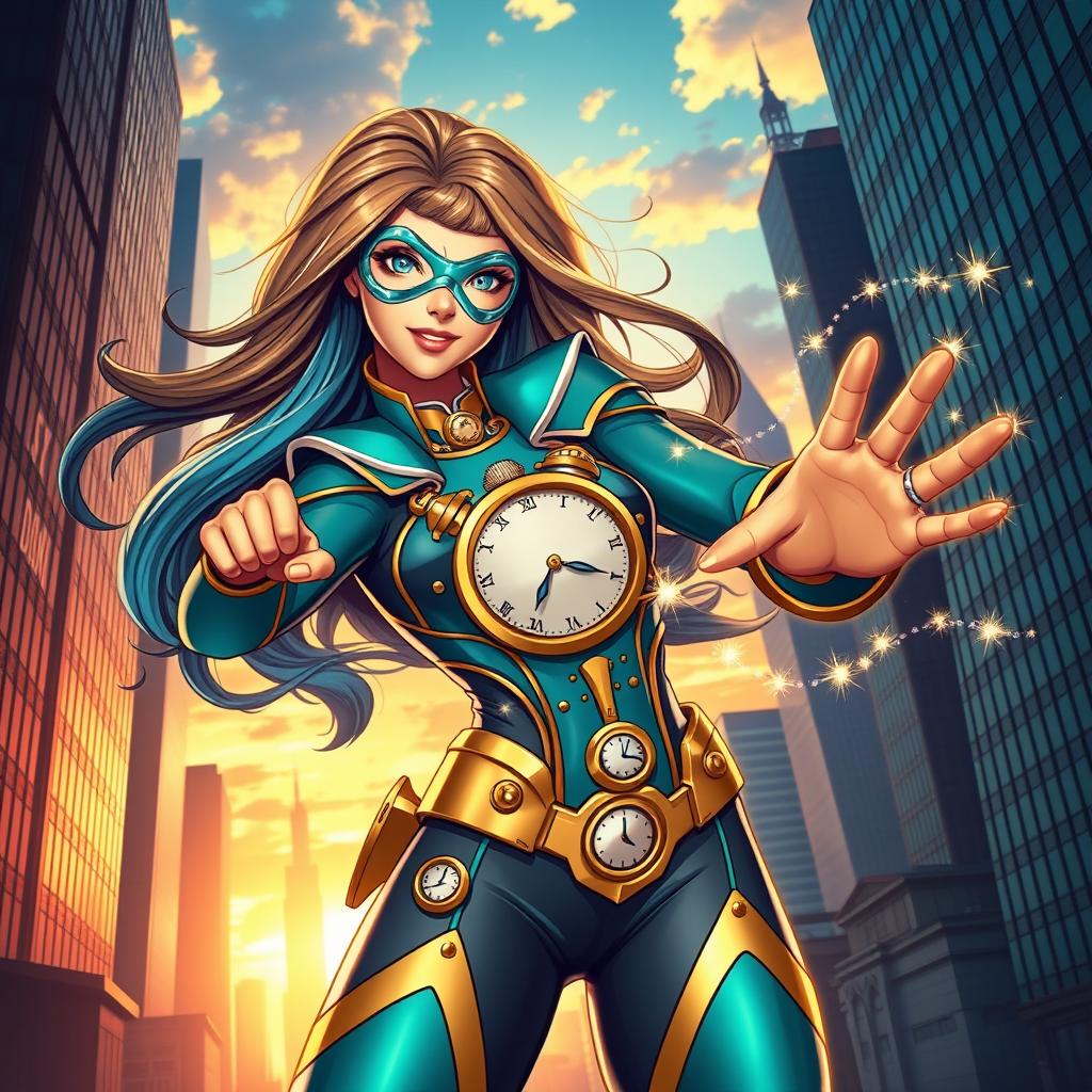 A dynamic portrayal of a superhero girl with clock-themed elements, showcasing her in a vibrant cityscape