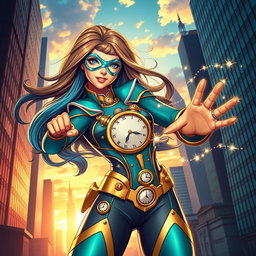 A dynamic portrayal of a superhero girl with clock-themed elements, showcasing her in a vibrant cityscape