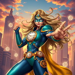 A dynamic portrayal of a superhero girl with clock-themed elements, showcasing her in a vibrant cityscape