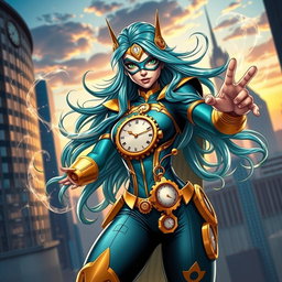 A dynamic portrayal of a superhero girl with clock-themed elements, showcasing her in a vibrant cityscape