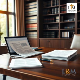 A professional and sophisticated Facebook cover image for a legal accounting firm
