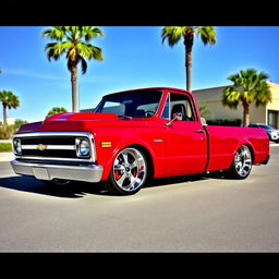 A stunning, slammed Chevrolet C10 pickup truck, featuring a glossy cherry red paint job, lowered suspension, and oversized alloy wheels with low-profile tires