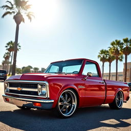 A stunning, slammed Chevrolet C10 pickup truck, featuring a glossy cherry red paint job, lowered suspension, and oversized alloy wheels with low-profile tires