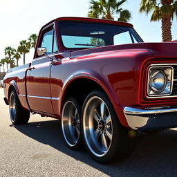 A stunning, slammed Chevrolet C10 pickup truck, featuring a glossy cherry red paint job, lowered suspension, and oversized alloy wheels with low-profile tires
