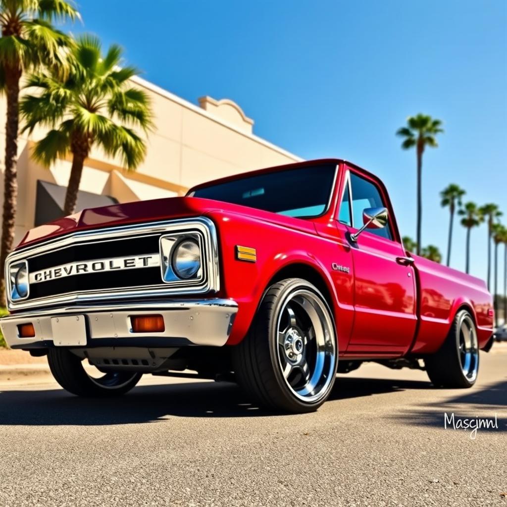 A stunning, slammed Chevrolet C10 pickup truck, featuring a glossy cherry red paint job, lowered suspension, and oversized alloy wheels with low-profile tires