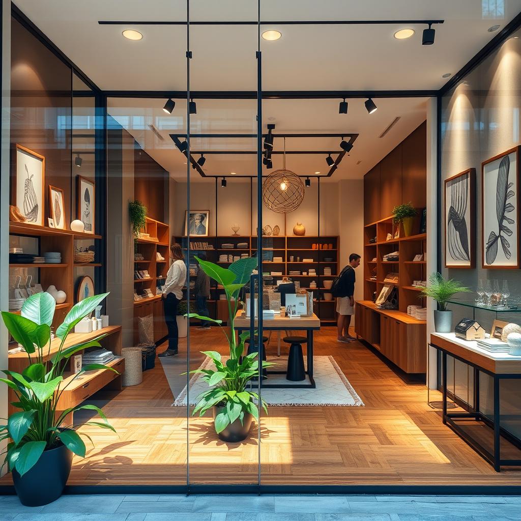 A beautifully designed storefront showcasing modern and elegant decor with a warm and inviting atmosphere