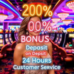 An eye-catching casino promotion image featuring a beautiful woman with glamorous attire, smiling and welcoming customers