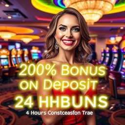 An eye-catching casino promotion image featuring a beautiful woman with glamorous attire, smiling and welcoming customers