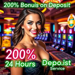 An eye-catching casino promotion image featuring a beautiful woman with glamorous attire, smiling and welcoming customers