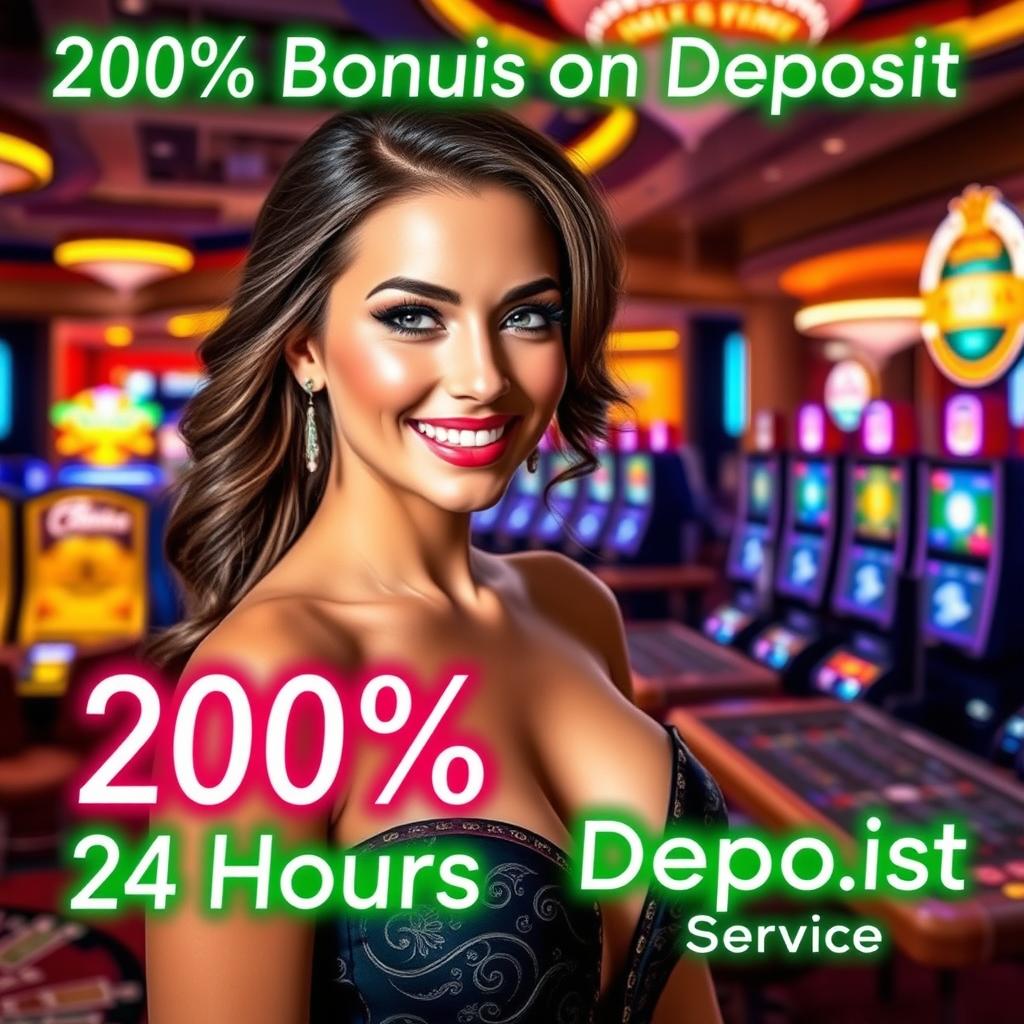 An eye-catching casino promotion image featuring a beautiful woman with glamorous attire, smiling and welcoming customers