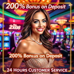 An eye-catching casino promotion image featuring a beautiful woman with glamorous attire, smiling and welcoming customers