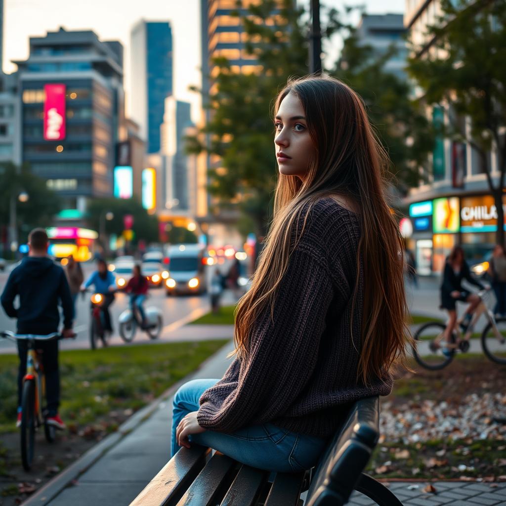 A young woman sitting alone on a park bench, looking pensive and isolated, while a bustling city scene unfolds in the background