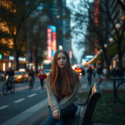 A young woman sitting alone on a park bench, looking pensive and isolated, while a bustling city scene unfolds in the background