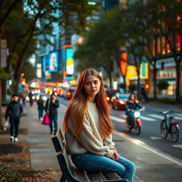 A young woman sitting alone on a park bench, looking pensive and isolated, while a bustling city scene unfolds in the background