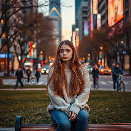 A young woman sitting alone on a park bench, looking pensive and isolated, while a bustling city scene unfolds in the background