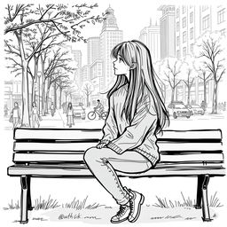 A sketch of a young woman sitting alone on a park bench, appearing pensive and isolated, while a bustling city scene thrives in the background