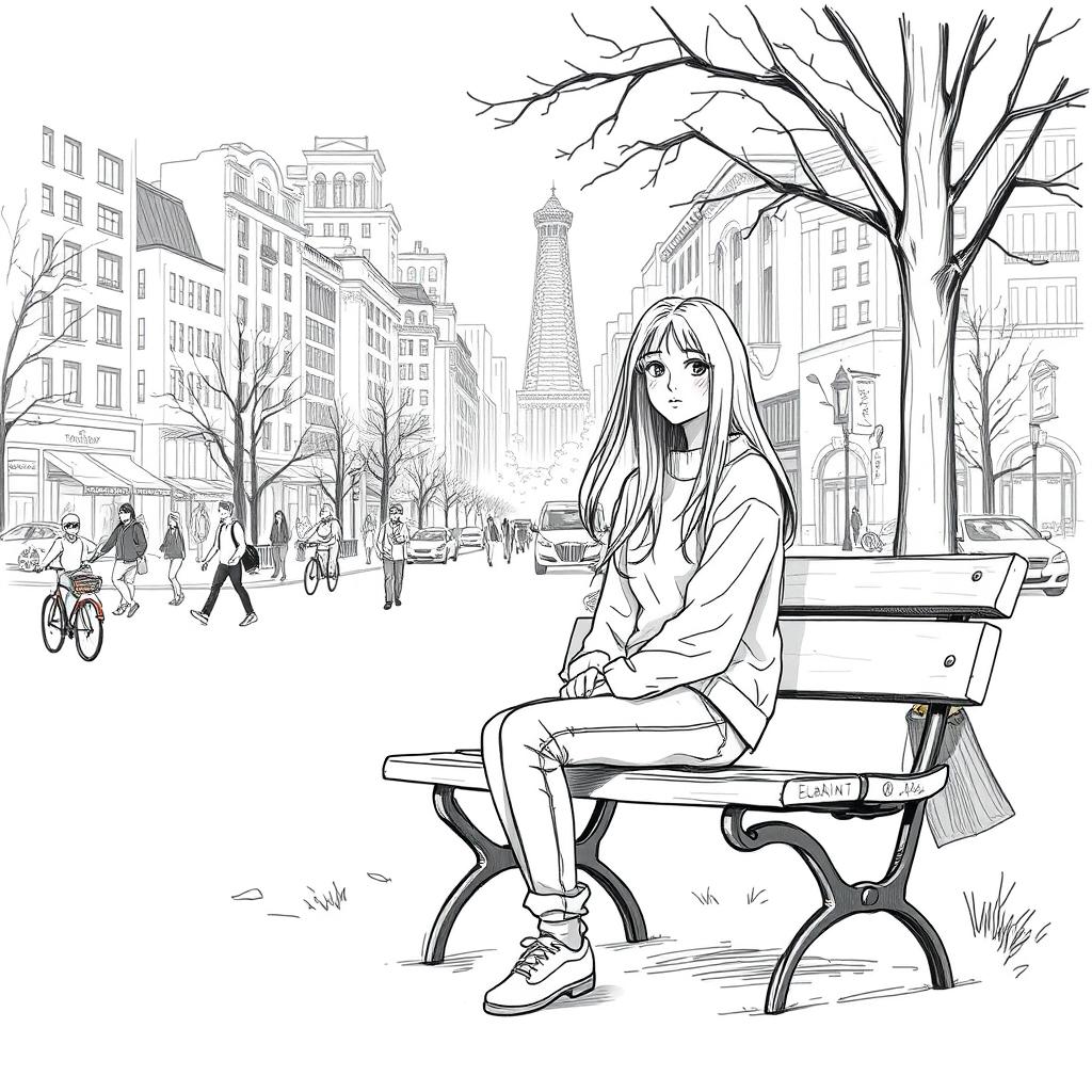 A sketch of a young woman sitting alone on a park bench, appearing pensive and isolated, while a bustling city scene thrives in the background