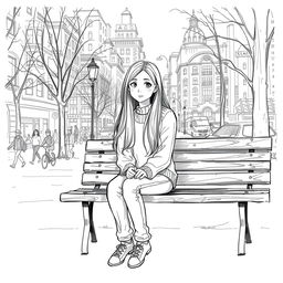 A sketch of a young woman sitting alone on a park bench, appearing pensive and isolated, while a bustling city scene thrives in the background