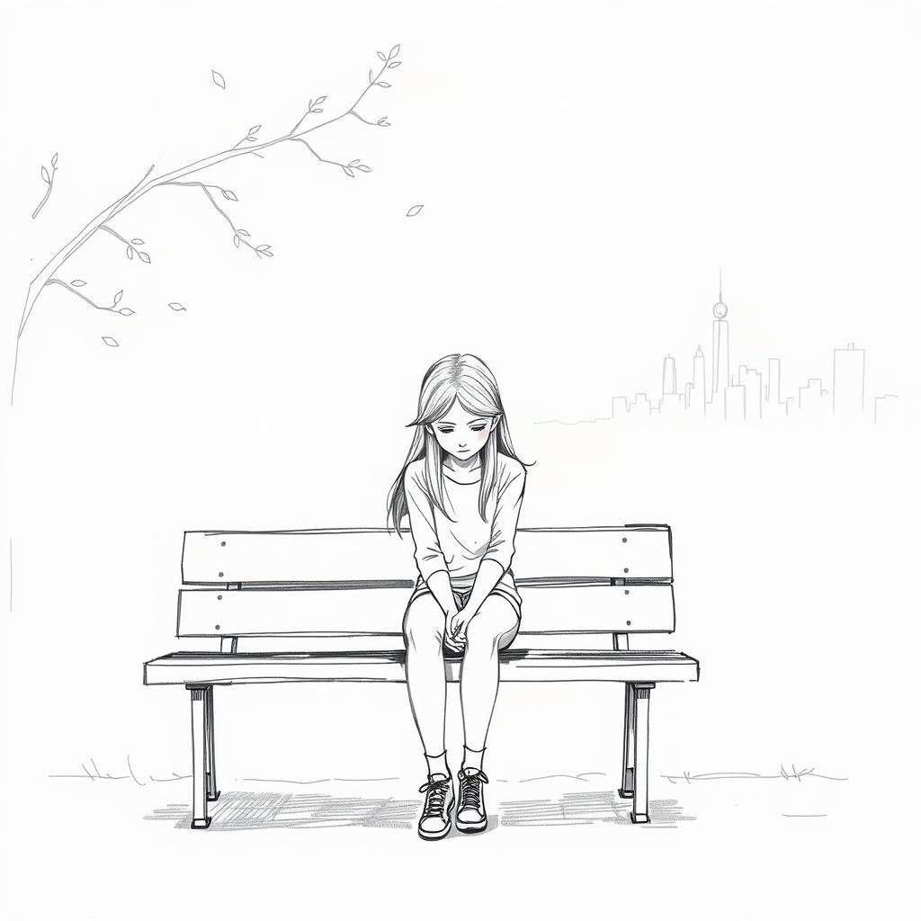 A sketch of a young woman sitting alone on a simple bench, conveying a sense of isolation and contemplation