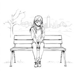 A sketch of a young woman sitting alone on a simple bench, conveying a sense of isolation and contemplation