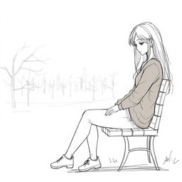A sketch of a young woman sitting alone on a simple bench, conveying a sense of isolation and contemplation