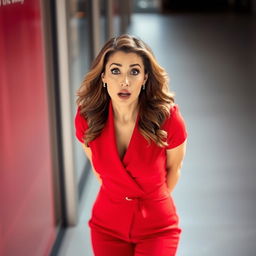 A beautiful 45-year-old woman, dressed in a stunning red outfit, stands facing the camera with a surprised and expressive look on her face