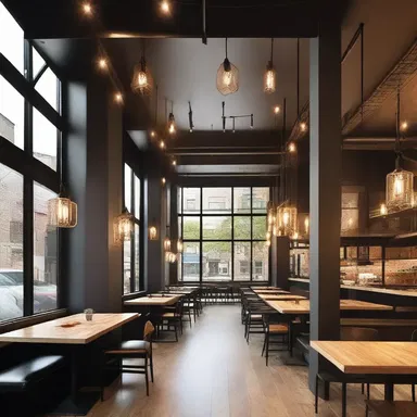 The architect used acetylenic lighting fixtures to create a modern and industrial look in the restaurant.