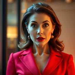 A beautiful 45-year-old woman, dressed in a stunning red outfit, stands facing the camera with a surprised and expressive look on her face