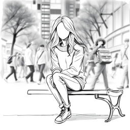 A sketch of a young woman sitting alone on a bench, depicted in the foreground with no facial features, emphasizing her isolation and introspection