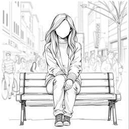 A sketch of a young woman sitting alone on a bench, depicted in the foreground with no facial features, emphasizing her isolation and introspection