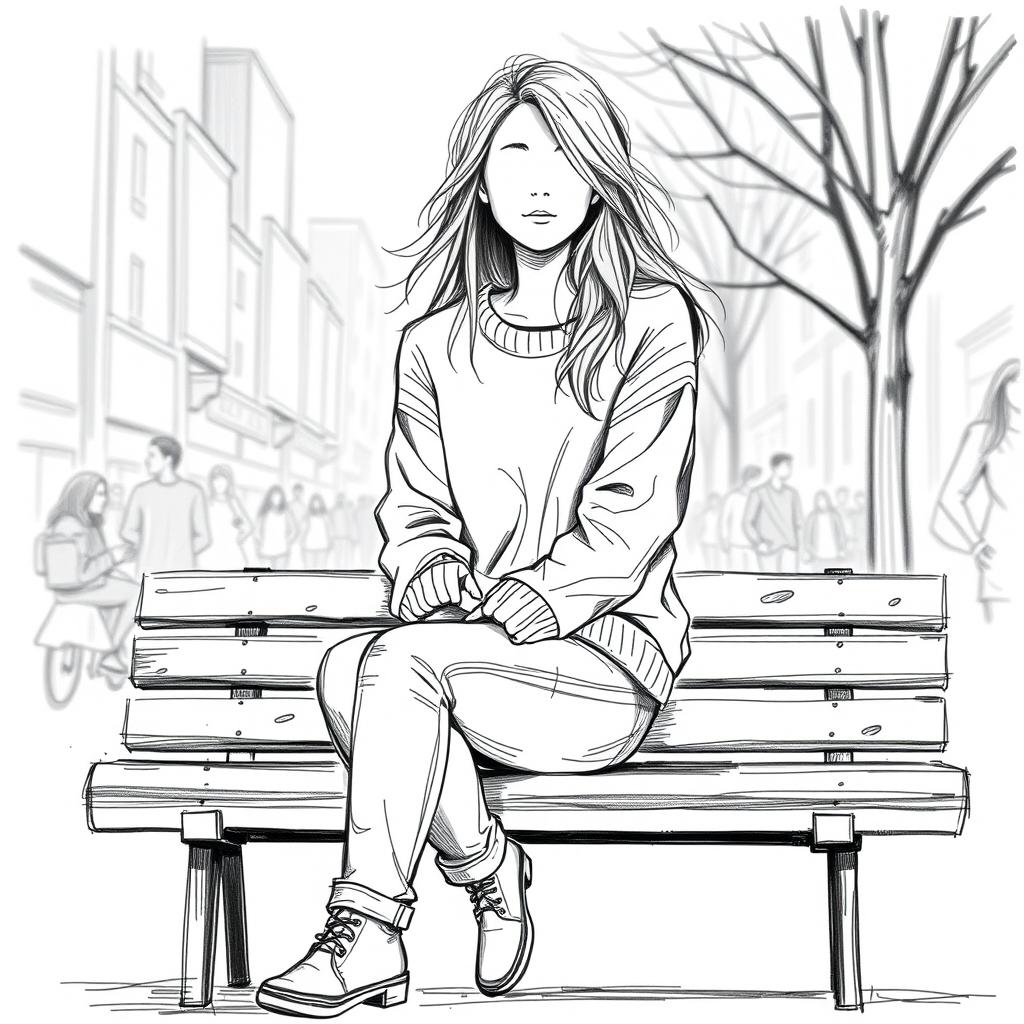 A sketch of a young woman sitting alone on a bench, depicted in the foreground with no facial features, emphasizing her isolation and introspection