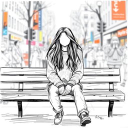 A sketch of a young woman sitting alone on a bench, depicted in the foreground with no facial features, emphasizing her isolation and introspection