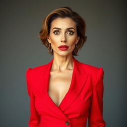 A beautiful 45-year-old woman, dressed in a striking red outfit, stands facing the camera with a surprised expression on her face