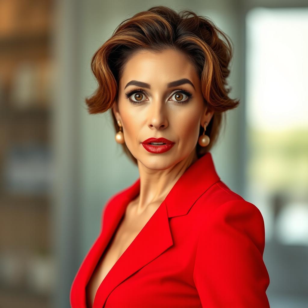 A beautiful 45-year-old woman, dressed in a striking red outfit, stands facing the camera with a surprised expression on her face