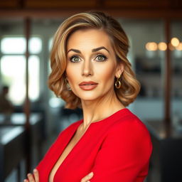 A beautiful 45-year-old woman, dressed in a striking red outfit, stands facing the camera with a surprised expression on her face