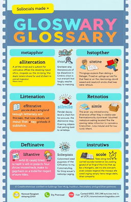 A visually engaging social media glossary showcasing various literary and linguistic terms, with colorful graphics and clear definitions