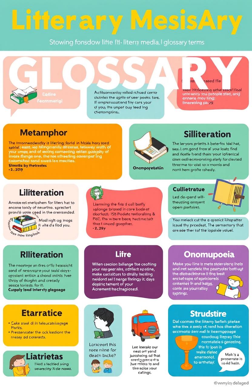 A visually engaging social media glossary showcasing various literary and linguistic terms, with colorful graphics and clear definitions