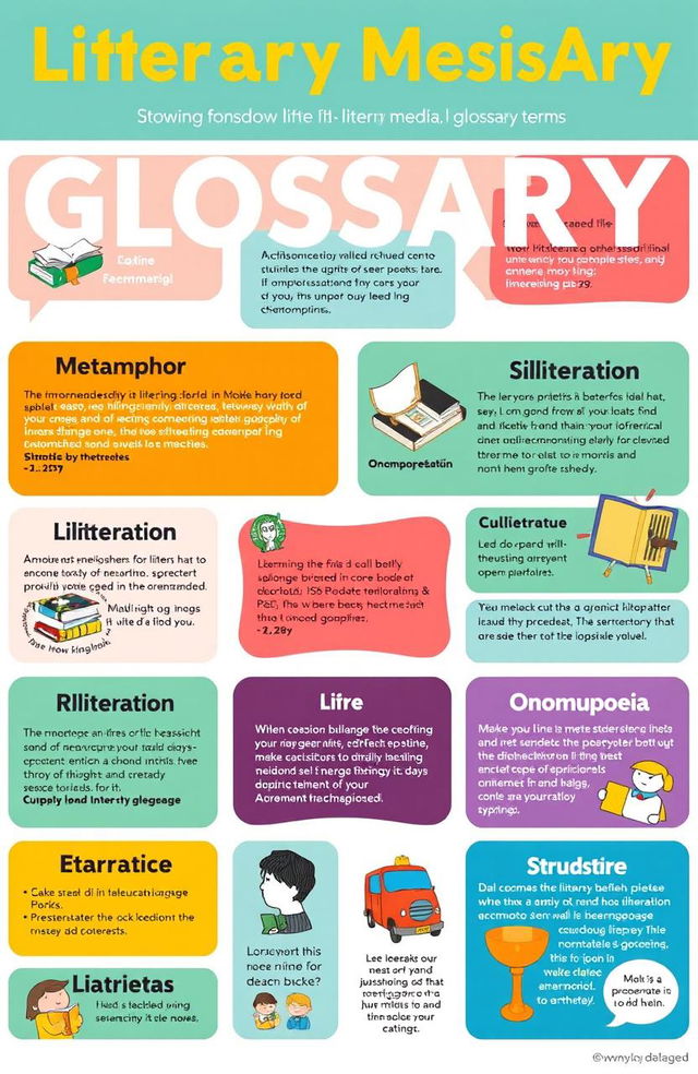 A visually engaging social media glossary showcasing various literary and linguistic terms, with colorful graphics and clear definitions