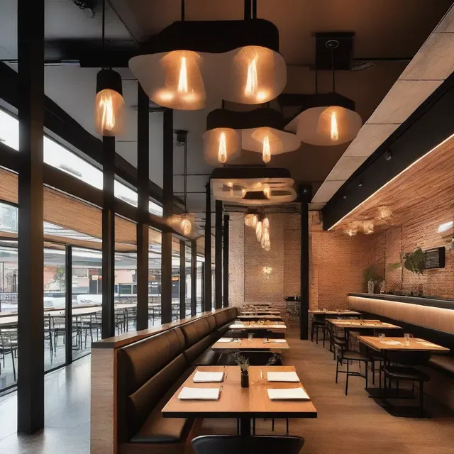 The architect used acetylenic lighting fixtures to create a modern and industrial look in the restaurant.