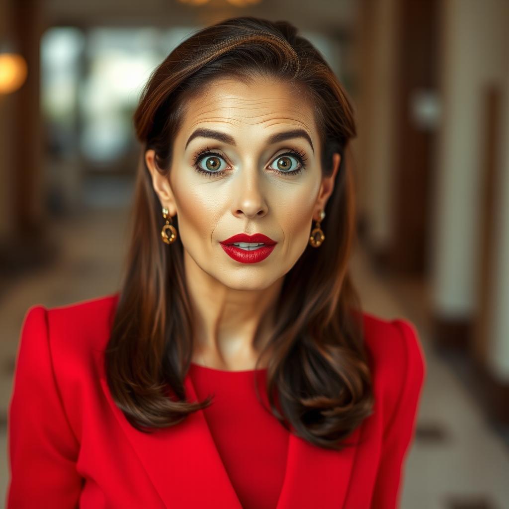 A beautiful 45-year-old woman, dressed in a vibrant red outfit, stands directly facing the camera with a surprised expression on her face