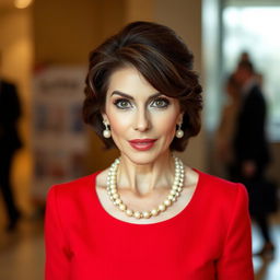 A beautiful 45-year-old woman, dressed in a vibrant red outfit, stands directly facing the camera with a surprised expression on her face