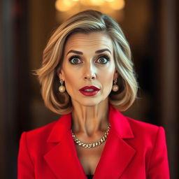 A beautiful 45-year-old woman, dressed in a vibrant red outfit, stands directly facing the camera with a surprised expression on her face