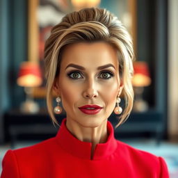 A beautiful 45-year-old woman, dressed in a vibrant red outfit, stands directly facing the camera with a surprised expression on her face
