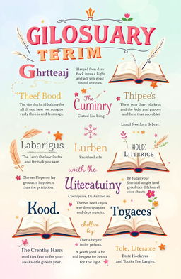 A vibrant and colorful social media glossary design featuring various terms related to language and literature