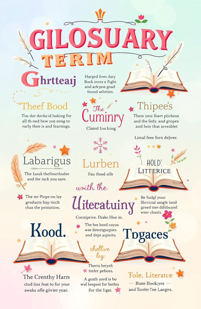A vibrant and colorful social media glossary design featuring various terms related to language and literature