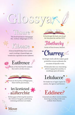 A vibrant and colorful social media glossary design featuring various terms related to language and literature