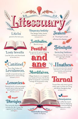 A vibrant and colorful social media glossary design featuring various terms related to language and literature